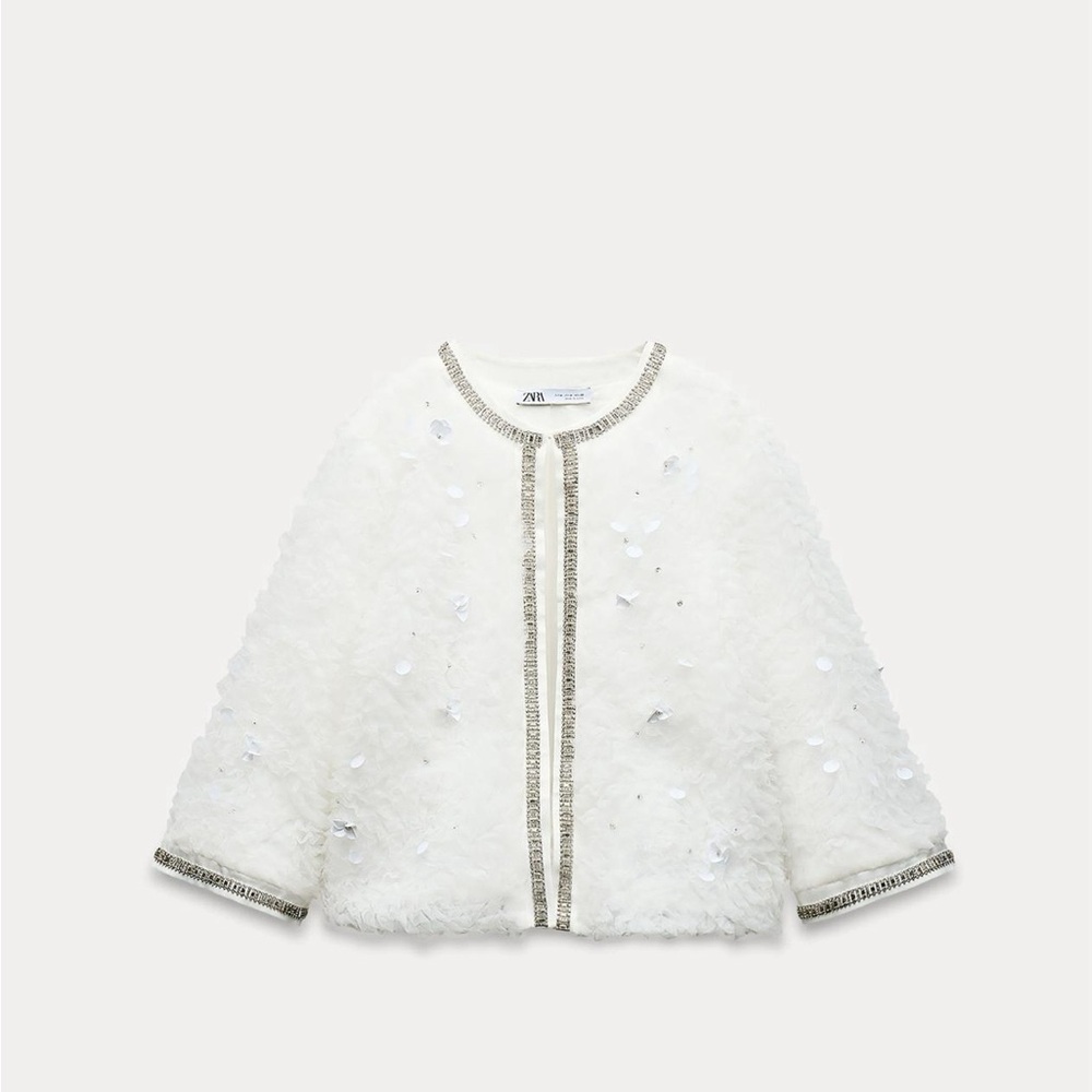 Zara White Textured Cropped Cape Jacket